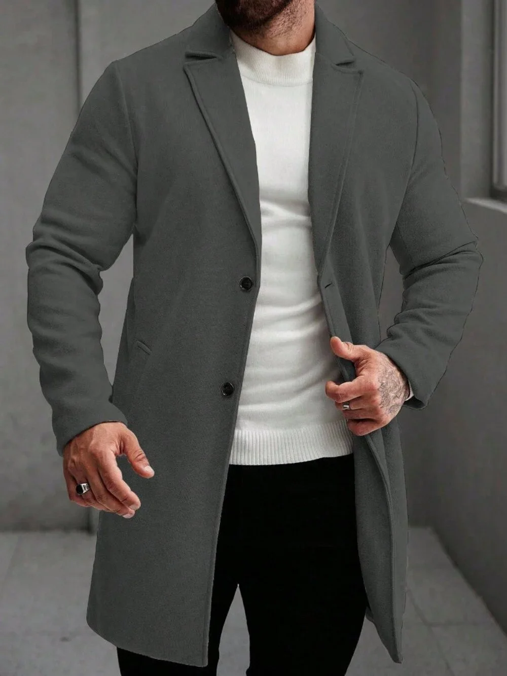 Dark Grey Regular Fit Men's Single Breasted Lapel Long Sleeve Overcoat